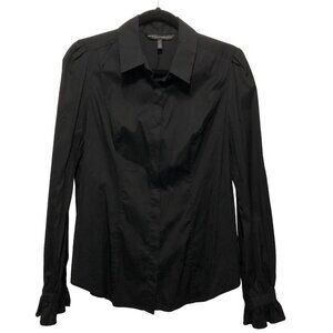 White House Black Market Solid Black Collar Button Down Ruffled Long Sleeve Shir
